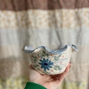 Handcrafted Ceramic Scalloped Bowl in Blue Floral Design